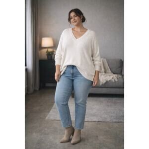 White Speckled Sweater V neck Cotton Blend Cable Knit Plus 2X Preppy Coastal